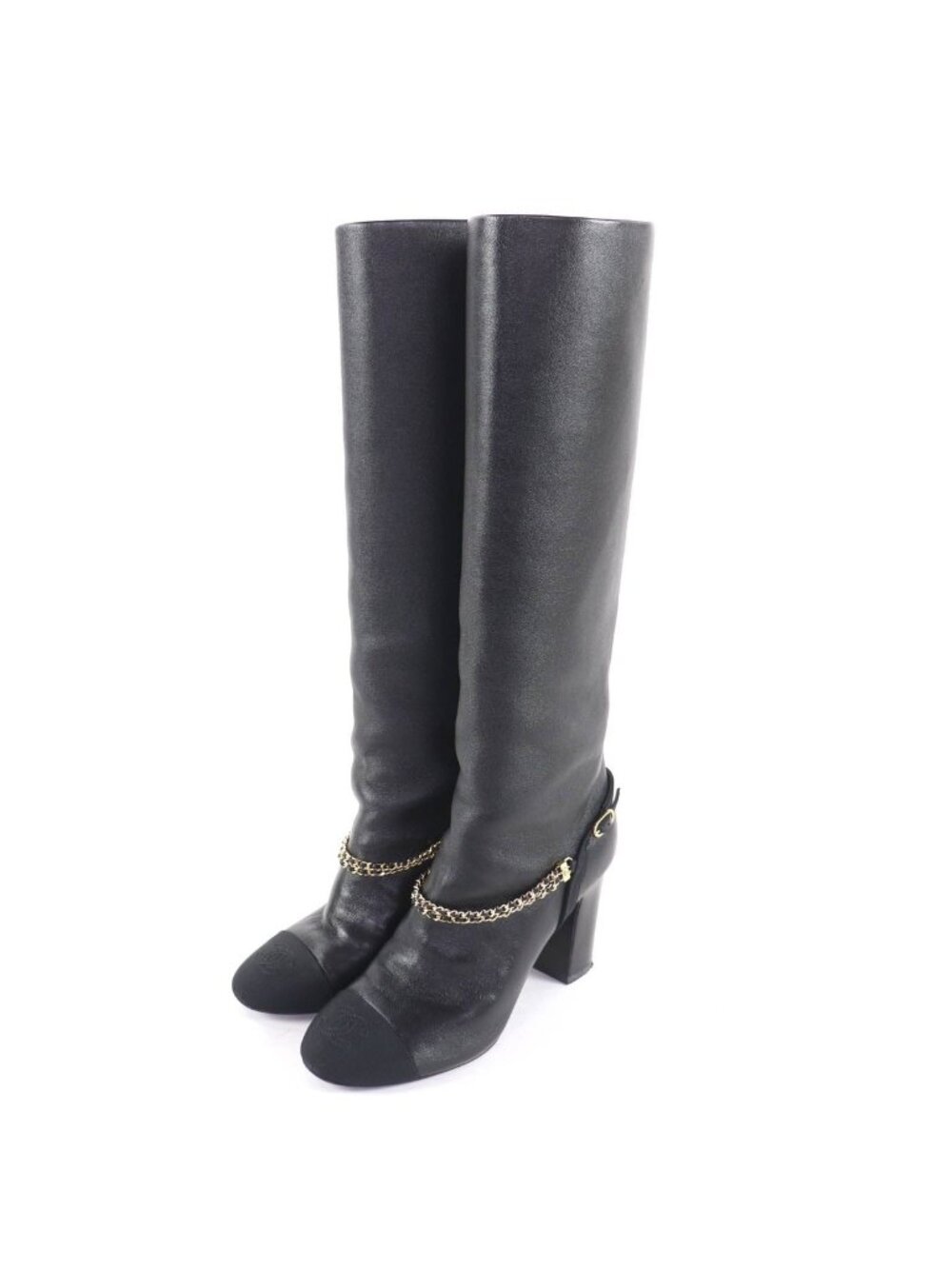 Chanel CC Logo Chain Decoration Chunky Heel Leather Long Boots